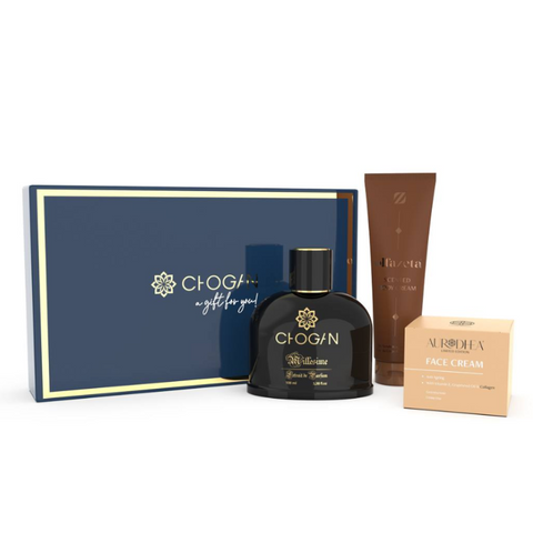 Chogan Gift Set for Men 53 featuring an anti-aging face cream, fragrant body cream, men's perfume, and a cosmetic spatula elegantly packaged.