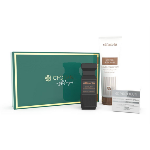 Chogan Gift Set Luxury Mixte 50 featuring a restructuring face cream, mixed luxury shower gel, and 50ml mixed luxury perfume elegantly packaged with an Aurodhea cosmetic spatula